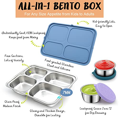 Bento Lunch Box Stainless Steel Lunch Container for Kids, Reusable 4Compartments Metal Lunch Boxes Leakproof Food Meal Prep Lunch Containers for Kids,2P Dip Containers,Dishwasher,Freezer Safe,BPA-Free