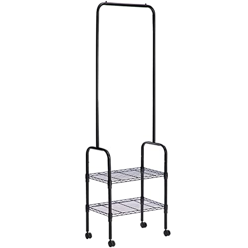 MATICO 2-in-1 Metal Garment Rack with Clothes Hanger, 2 Tier Wire Coat Storage Organizers Laundry Holders with 2 Metal Shelves for Home and Dormitory, Black