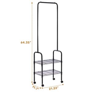 MATICO 2-in-1 Metal Garment Rack with Clothes Hanger, 2 Tier Wire Coat Storage Organizers Laundry Holders with 2 Metal Shelves for Home and Dormitory, Black