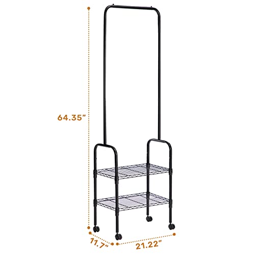 MATICO 2-in-1 Metal Garment Rack with Clothes Hanger, 2 Tier Wire Coat Storage Organizers Laundry Holders with 2 Metal Shelves for Home and Dormitory, Black