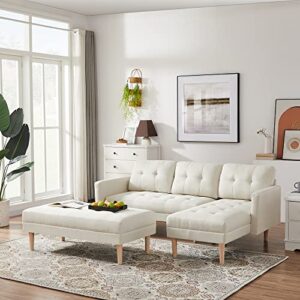 modern sectional sofa bed, l-shape sofa chaise lounge with ottoman bench for living room (cream white fabric)