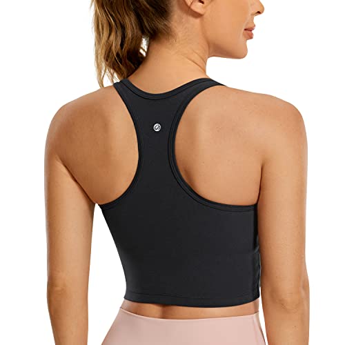 CRZ YOGA Butterluxe Womens Y-Back Racerback Longline Sports Bra - Padded Scoop Neck Workout Crop Tank Top with Built in Bra Black Small