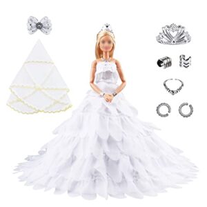 keysse doll clothes voluminous skirt large trailing wedding dress with 5 accessories, crown+ veil+ bow hair clips+ necklace and bracelet, princess evening party clothes outfit for 11.5" doll