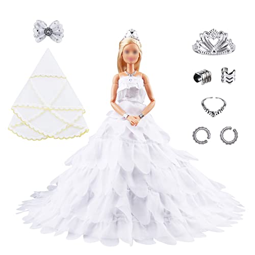 Keysse Doll Clothes Voluminous Skirt Large Trailing Wedding Dress with 5 Accessories, Crown+ Veil+ Bow Hair Clips+ Necklace and Bracelet, Princess Evening Party Clothes Outfit for 11.5" Doll