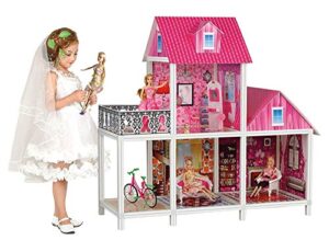 39'' large plastic dollhouse with big furniture kits, doll house dreamhouse playhouse for girls kids aged 3 4 5 6 7 8 9