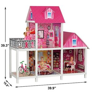 39'' Large Plastic Dollhouse with Big Furniture Kits, Doll House Dreamhouse Playhouse for Girls Kids Aged 3 4 5 6 7 8 9