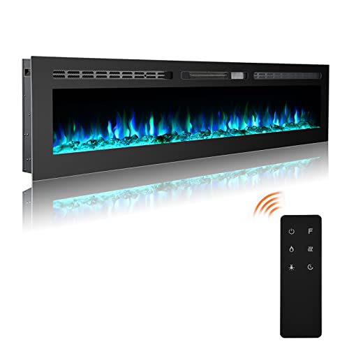 70 Inch Electric Fireplace Inserts, Wall Mounted Fireplace, Led Fireplace with Logs, Recessed Electric Fireplace with Remote Control, Linear Fireplace, 9 Multi Color Flames, 750/1500W