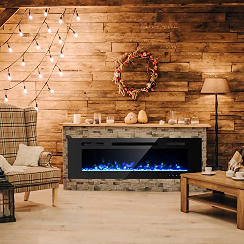 70 Inch Electric Fireplace Inserts, Wall Mounted Fireplace, Led Fireplace with Logs, Recessed Electric Fireplace with Remote Control, Linear Fireplace, 9 Multi Color Flames, 750/1500W