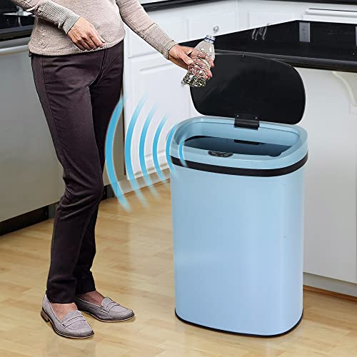 BIQWBIC 13 Gallon Automatic Trash Can with Lid, Large Stainless Steel Kitchen Trash Can Motion Sensor Garbage Can Touch Free Trash Cans for Kitchen, Office, Living Room, Toilet, Bedroom (Blue)