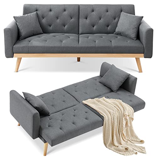 AWQM Convertible Sofa Bed, Fabric Linen Folding Futon Sofa Bed,Upholstered Loveseat Futon Couch Bed,Adjustable Couch Sleeper w/Wood Legs,Pull Out Couch for Small Space, Living Room,Office,Dark Grey