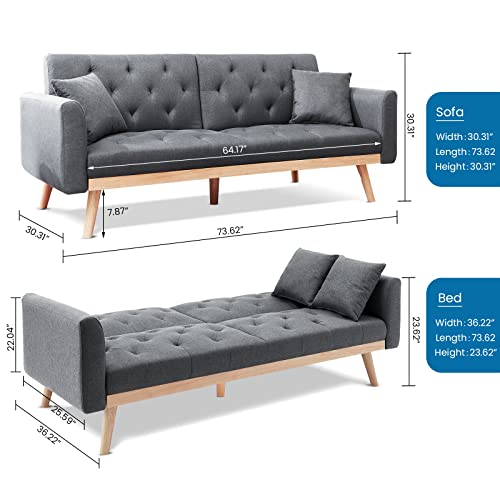 AWQM Convertible Sofa Bed, Fabric Linen Folding Futon Sofa Bed,Upholstered Loveseat Futon Couch Bed,Adjustable Couch Sleeper w/Wood Legs,Pull Out Couch for Small Space, Living Room,Office,Dark Grey