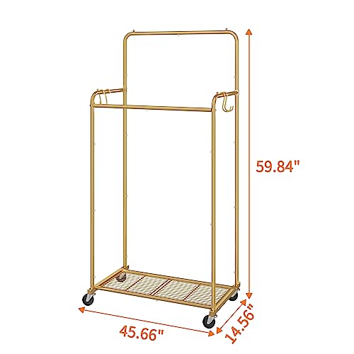 Ekisemio Double Rod Rolling Clothes Garment Rack, Heavy Duty Clothing Rolling Rack on Wheels for Hanging Clothes,with 4 Hooks, Gold