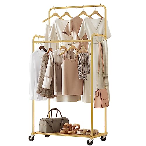 Ekisemio Double Rod Rolling Clothes Garment Rack, Heavy Duty Clothing Rolling Rack on Wheels for Hanging Clothes,with 4 Hooks, Gold