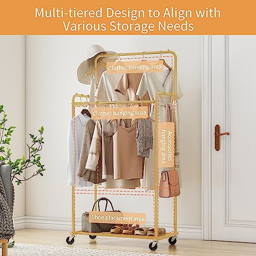 Ekisemio Double Rod Rolling Clothes Garment Rack, Heavy Duty Clothing Rolling Rack on Wheels for Hanging Clothes,with 4 Hooks, Gold