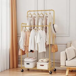 Ekisemio Double Rod Rolling Clothes Garment Rack, Heavy Duty Clothing Rolling Rack on Wheels for Hanging Clothes,with 4 Hooks, Gold