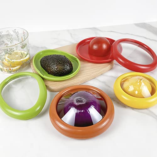 Fruit and Vegetable Shaped Savers Storage Onion Storage Tomato Saver Lemon Keeper and Avocado Saver Containers Set for Fridge Stretch Pod for Vegetable Crisper Makes Food Stays Fresh Longer, Pack of 4