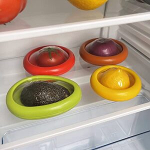 Fruit and Vegetable Shaped Savers Storage Onion Storage Tomato Saver Lemon Keeper and Avocado Saver Containers Set for Fridge Stretch Pod for Vegetable Crisper Makes Food Stays Fresh Longer, Pack of 4