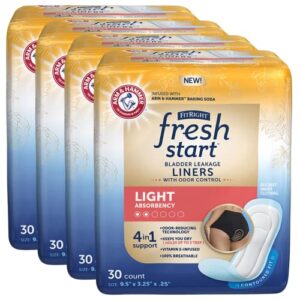fitright fresh start incontinence and postpartum liners for women, light absorbency (120 count) bladder leakage pads with the odor-control power of arm & hammer (30 count, pack of 4)