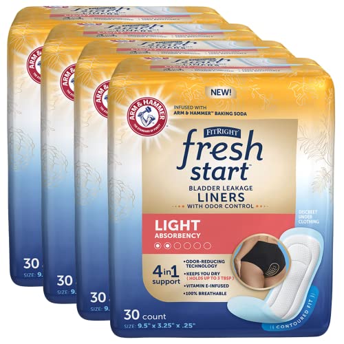 FitRight Fresh Start Incontinence and Postpartum Liners for Women, Light Absorbency (120 Count) Bladder Leakage Pads with The Odor-Control Power of ARM & Hammer (30 Count, Pack of 4)