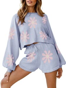 ekouaer lounge sets for women pajama sets for women soft long puff sleeve two piece knit outfits sweat sets floral blue large