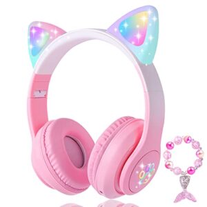 koraba cat ear kids headphones bluetooth, led light up wireless/wired mode over ear headphones with build in microphone for school/travel (pink)
