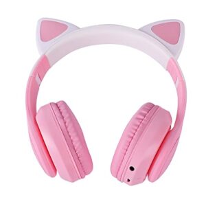 KORABA Cat Ear Kids Headphones Bluetooth, LED Light up Wireless/Wired Mode Over Ear Headphones with Build in Microphone for School/Travel (Pink)