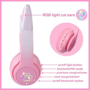 KORABA Cat Ear Kids Headphones Bluetooth, LED Light up Wireless/Wired Mode Over Ear Headphones with Build in Microphone for School/Travel (Pink)