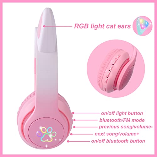 KORABA Cat Ear Kids Headphones Bluetooth, LED Light up Wireless/Wired Mode Over Ear Headphones with Build in Microphone for School/Travel (Pink)