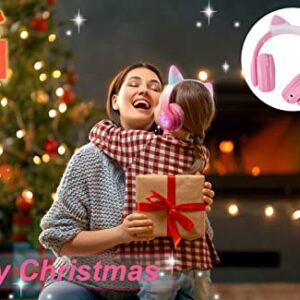 KORABA Cat Ear Kids Headphones Bluetooth, LED Light up Wireless/Wired Mode Over Ear Headphones with Build in Microphone for School/Travel (Pink)