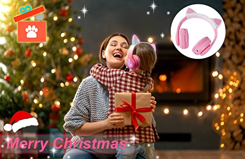 KORABA Cat Ear Kids Headphones Bluetooth, LED Light up Wireless/Wired Mode Over Ear Headphones with Build in Microphone for School/Travel (Pink)