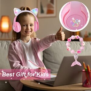 KORABA Cat Ear Kids Headphones Bluetooth, LED Light up Wireless/Wired Mode Over Ear Headphones with Build in Microphone for School/Travel (Pink)