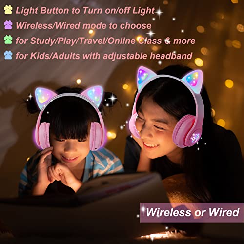 KORABA Cat Ear Kids Headphones Bluetooth, LED Light up Wireless/Wired Mode Over Ear Headphones with Build in Microphone for School/Travel (Pink)