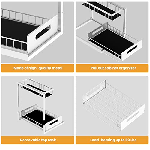 WZMYO Under Sink Organizers and Storage-2 Pack L-Shape Heavy Duty Metal Slide Out Pull Out Drawers Under Cabinet Storage Around Plumbing, for Under Kitchen Bathroom Sink Organizers and Storage（White）