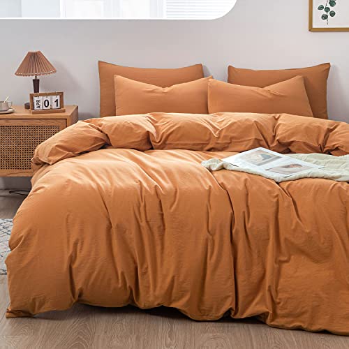 PATSAY 100% Cotton Linen-Like Textured Duvet Cover Set, 3 Piece Luxury Pumpkin Orange Bedding Set Queen Size, Soft and Breathable, with Zipper Closure and Corner Ties (1 Duvet Cover+2 Pillowcases)