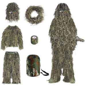 slendor 6 in 1 ghillie suit, 3d camouflage hunting apparel camo hunting clothes, bushman costume including jacket, pants, hood, carry bag, suitable for kids, hunters, paintball
