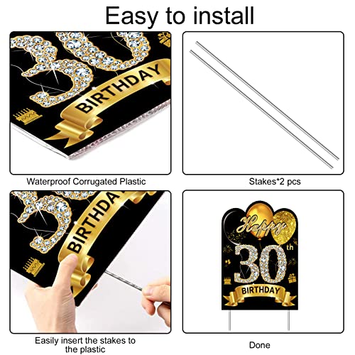 2Pcs Black Gold 30th Birthday Yard Sign Decorations for Men Women, Happy 30 Birthday Made in 1993 Lawn Sign Party Supplies, Thirty Birthday Outdoor Lawn Decor with Stakes