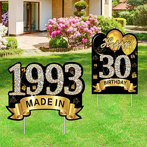 2Pcs Black Gold 30th Birthday Yard Sign Decorations for Men Women, Happy 30 Birthday Made in 1993 Lawn Sign Party Supplies, Thirty Birthday Outdoor Lawn Decor with Stakes