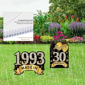2Pcs Black Gold 30th Birthday Yard Sign Decorations for Men Women, Happy 30 Birthday Made in 1993 Lawn Sign Party Supplies, Thirty Birthday Outdoor Lawn Decor with Stakes