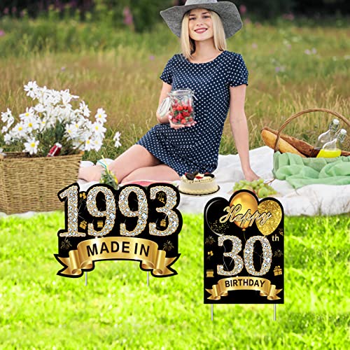 2Pcs Black Gold 30th Birthday Yard Sign Decorations for Men Women, Happy 30 Birthday Made in 1993 Lawn Sign Party Supplies, Thirty Birthday Outdoor Lawn Decor with Stakes