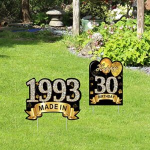 2Pcs Black Gold 30th Birthday Yard Sign Decorations for Men Women, Happy 30 Birthday Made in 1993 Lawn Sign Party Supplies, Thirty Birthday Outdoor Lawn Decor with Stakes