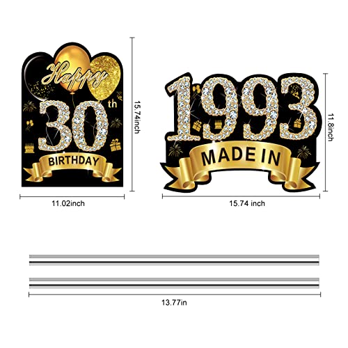 2Pcs Black Gold 30th Birthday Yard Sign Decorations for Men Women, Happy 30 Birthday Made in 1993 Lawn Sign Party Supplies, Thirty Birthday Outdoor Lawn Decor with Stakes