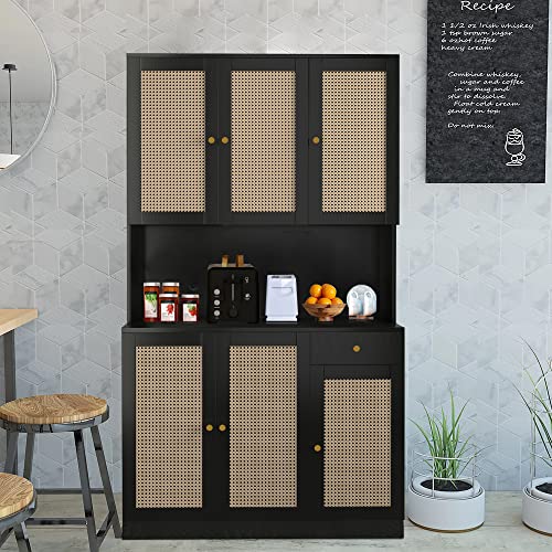 Wirrtory 71” Rattan Freestanding Kitchen Pantry Storage Cabinet, Buffet Cupboards Sideboard Modern Hutch Cabinet with 6 Doors & Drawer for Kitchen Living Room (Black)