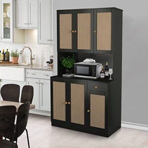 Wirrtory 71” Rattan Freestanding Kitchen Pantry Storage Cabinet, Buffet Cupboards Sideboard Modern Hutch Cabinet with 6 Doors & Drawer for Kitchen Living Room (Black)