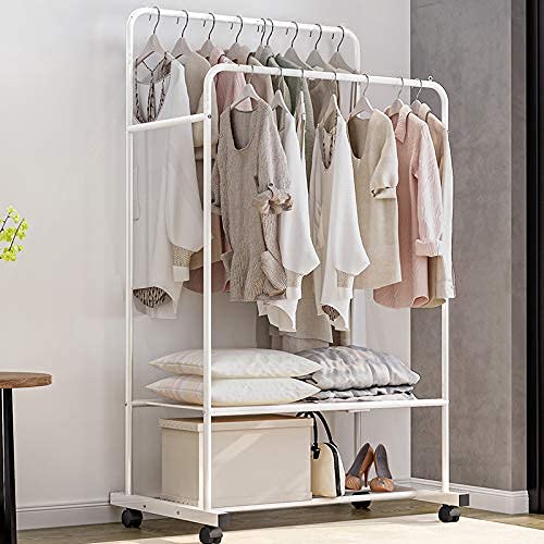 MOUTIK Double Rod Clothing Hanging Rack: Metal Rolling Garment Organizer Hanger with 2 Tier Storage Shelves - Indoor Bedroom Clothes Rack Max Load 110LBS Shelf on Wheels(White)