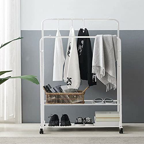 MOUTIK Double Rod Clothing Hanging Rack: Metal Rolling Garment Organizer Hanger with 2 Tier Storage Shelves - Indoor Bedroom Clothes Rack Max Load 110LBS Shelf on Wheels(White)