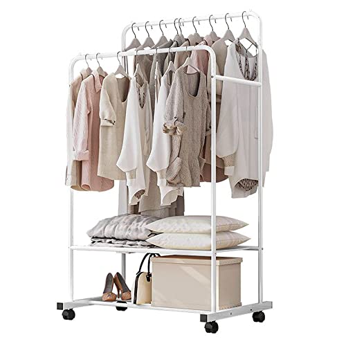 MOUTIK Double Rod Clothing Hanging Rack: Metal Rolling Garment Organizer Hanger with 2 Tier Storage Shelves - Indoor Bedroom Clothes Rack Max Load 110LBS Shelf on Wheels(White)