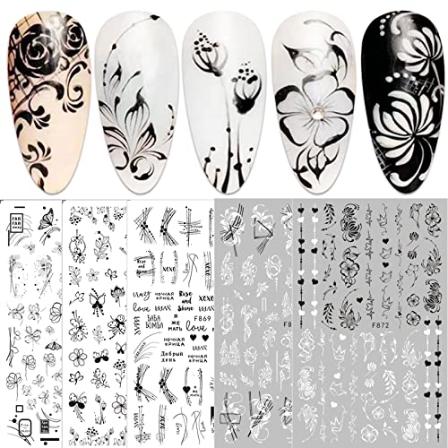 10 Sheets Spring Flower Nail Art Stickers Decals Self-Adhesive Pegatinas Uñas Black White Blossom Nail Supplies Nail Art Design Decoration Accessories