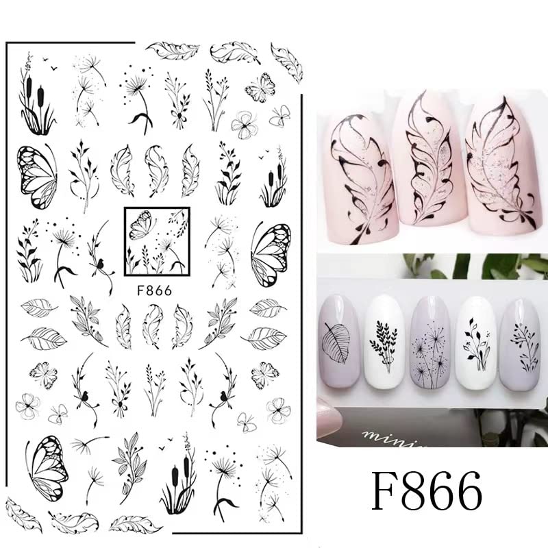 10 Sheets Spring Flower Nail Art Stickers Decals Self-Adhesive Pegatinas Uñas Black White Blossom Nail Supplies Nail Art Design Decoration Accessories