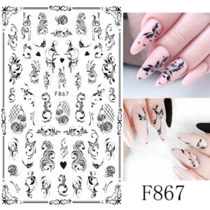 10 Sheets Spring Flower Nail Art Stickers Decals Self-Adhesive Pegatinas Uñas Black White Blossom Nail Supplies Nail Art Design Decoration Accessories