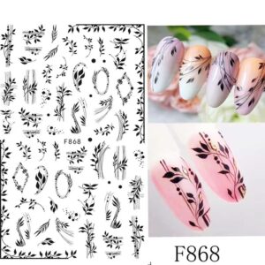 10 Sheets Spring Flower Nail Art Stickers Decals Self-Adhesive Pegatinas Uñas Black White Blossom Nail Supplies Nail Art Design Decoration Accessories